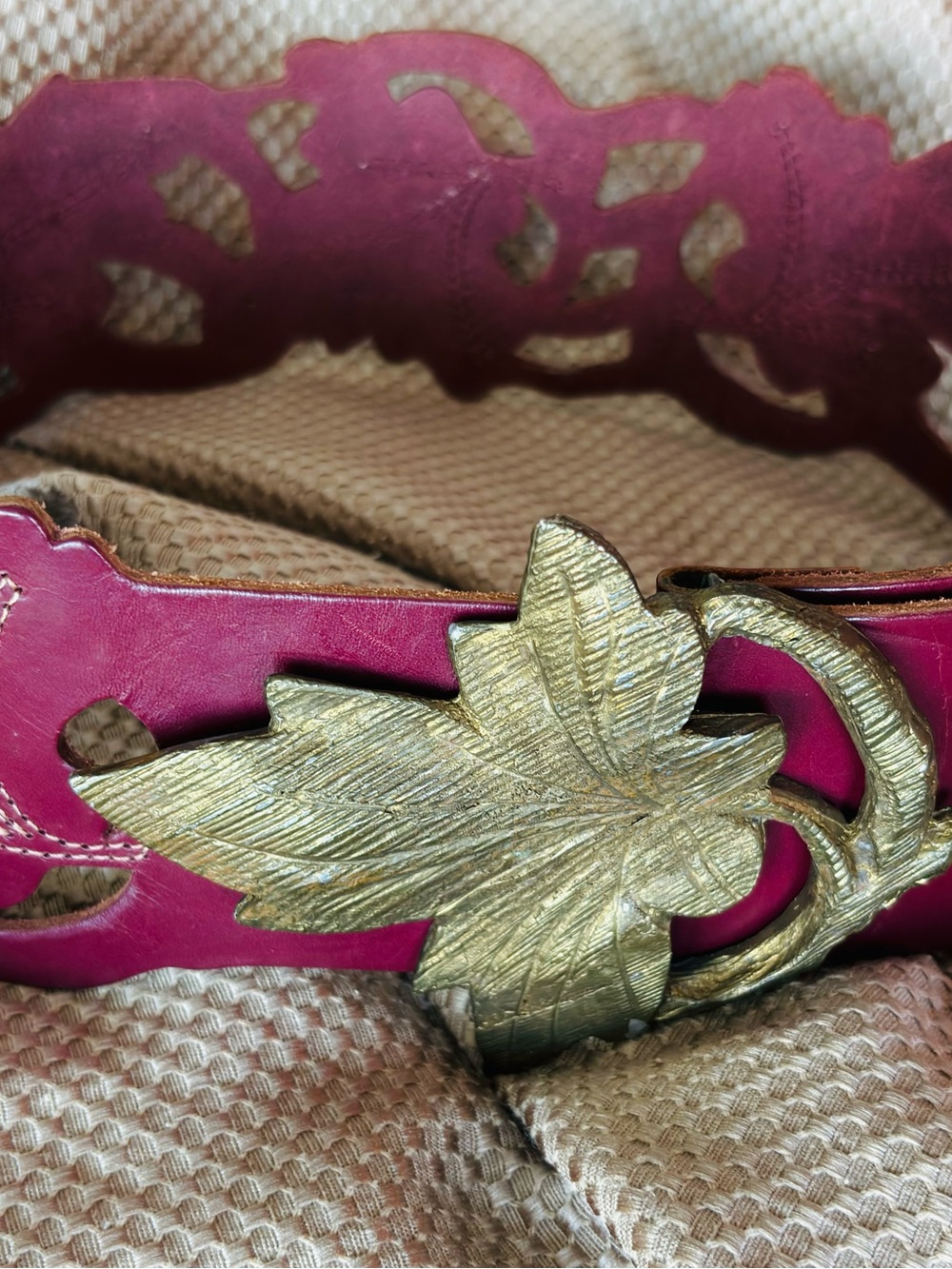 RARE: Vintage Kenzo Burgundy Cut Out Leather Belt with Gold Leaf Buckle